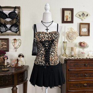 y2k rockstar gf grunge cheetah print corset bustier top w lace trim